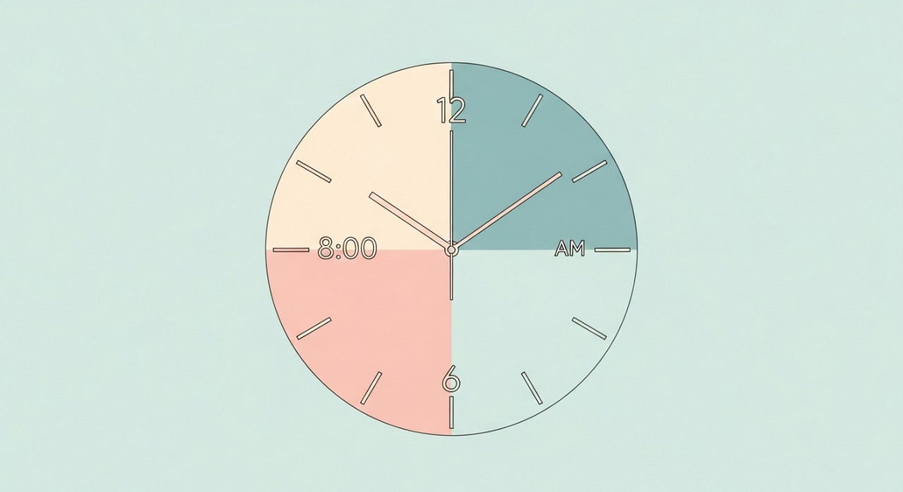 Sebuah tangan menunjuk ke arah jam dinding yang menunjukkan pukul lapan pagi.