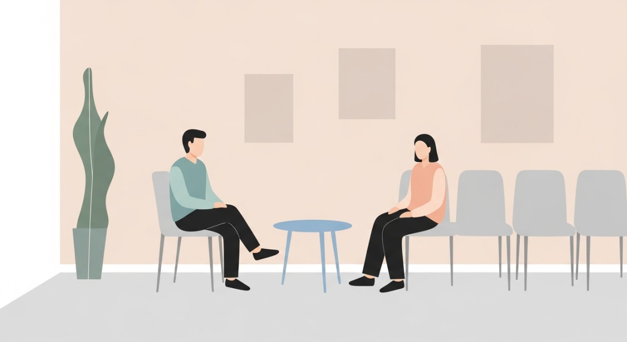 Dua orang sedang duduk di ruang menunggu klinik yang bersih dan tenang.