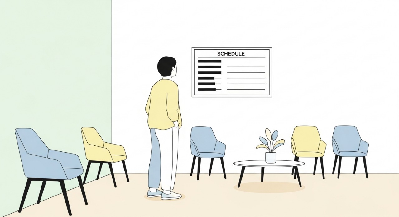 Seseorang sedang melihat jadual waktu operasi yang dipaparkan di ruang menunggu klinik.