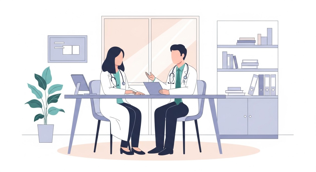 Simbol jam dinding besar yang menonjolkan waktu buka dan tutup klinik.