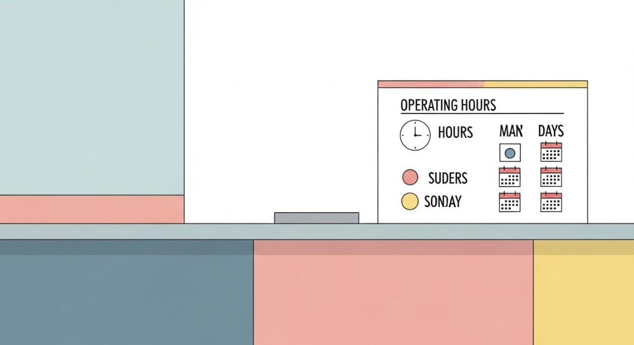 Papan tanda yang menunjukkan jadual waktu urusan di kaunter pendaftaran hospital.