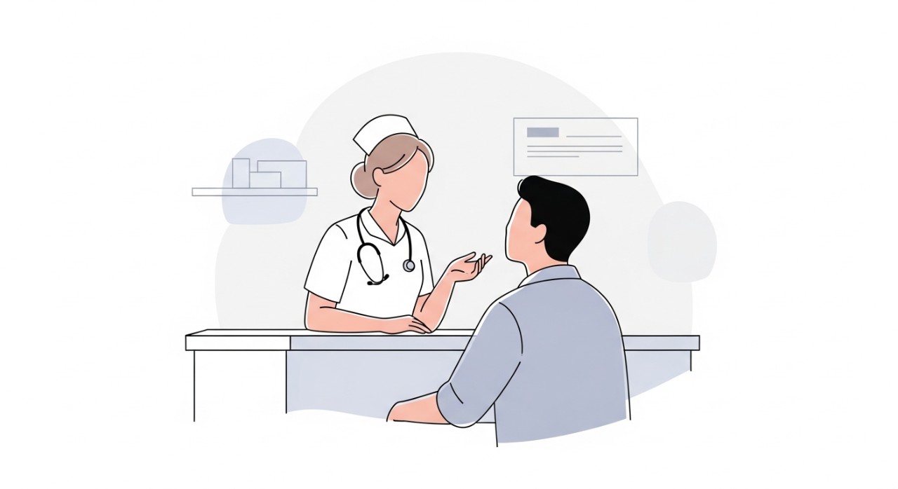 Seorang jururawat sedang berinteraksi dengan pesakit di kaunter pendaftaran klinik.